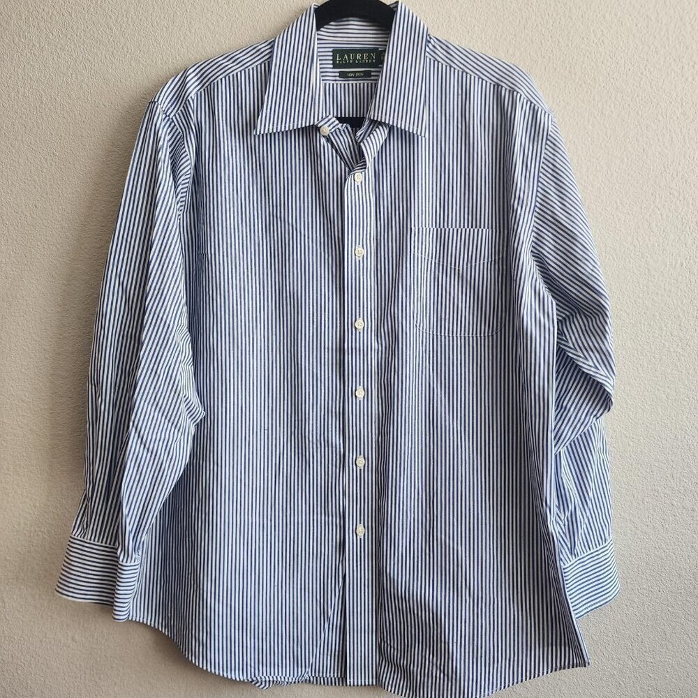 Lauren Ralph Lauren Shirt Mens 16.5 34 35 Blue White Striped Non Iron Pocket